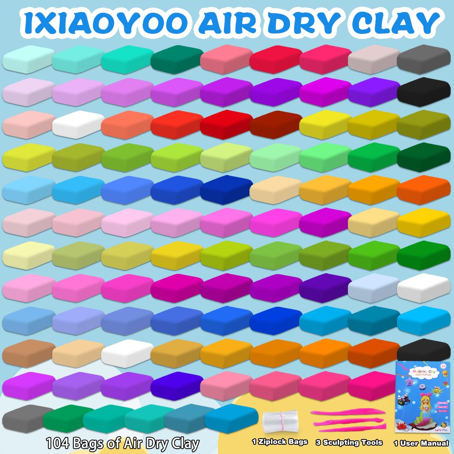 Ixiaoyoo Air Dry Clay for Kids, 104 Colors DIY Magic Modeling Clay Kit, Soft & Non-Sticky, Arts & Crafts Modelling Toys with Sculpting Tools, Birthday & Christmas Gift for 3-12 Years Old Girls Boys