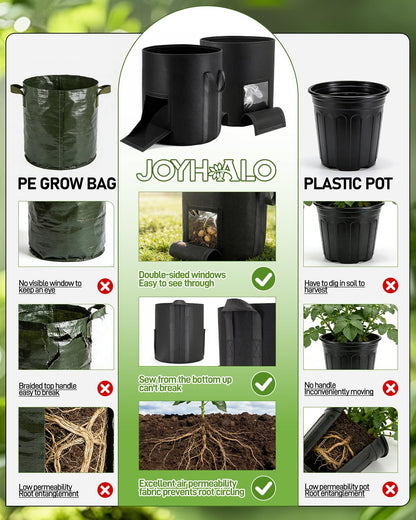 joyhalo 15 Gallon Potato Grow Bags, 4 Pack Planter Pot with Handles, Nonwoven Fabric Pots with Harvest Window & Visible Window, Heavy-Duty Planting Bags for Vegetable & Fruit, 5-Color Plant Labels