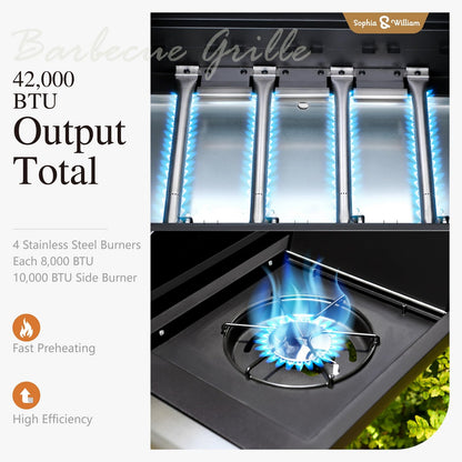 Sophia & William 4-Burner Gas BBQ Grill with Side Burner and Porcelain-Enameled Cast Iron Grates, 42,000BTU Propane Grills Outdoor Cooking Barbecue Cabinet Style, Blue