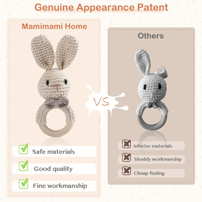Handmade Crochet Easter Bunny Wooden Baby Rattle Toy for 0-6 Months - Organic Stuffed Animal for Newborn