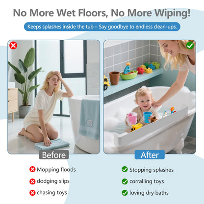 Akrelyan 31.5" Bathtub Splash Guard for Tub Kids, Silicone Splash Shield with 11 Suction Cups, Toy Tray Shelf, No Spill Water Barrier, Prevents Mess, Fun Bathtime for Toddlers Baby–Gray