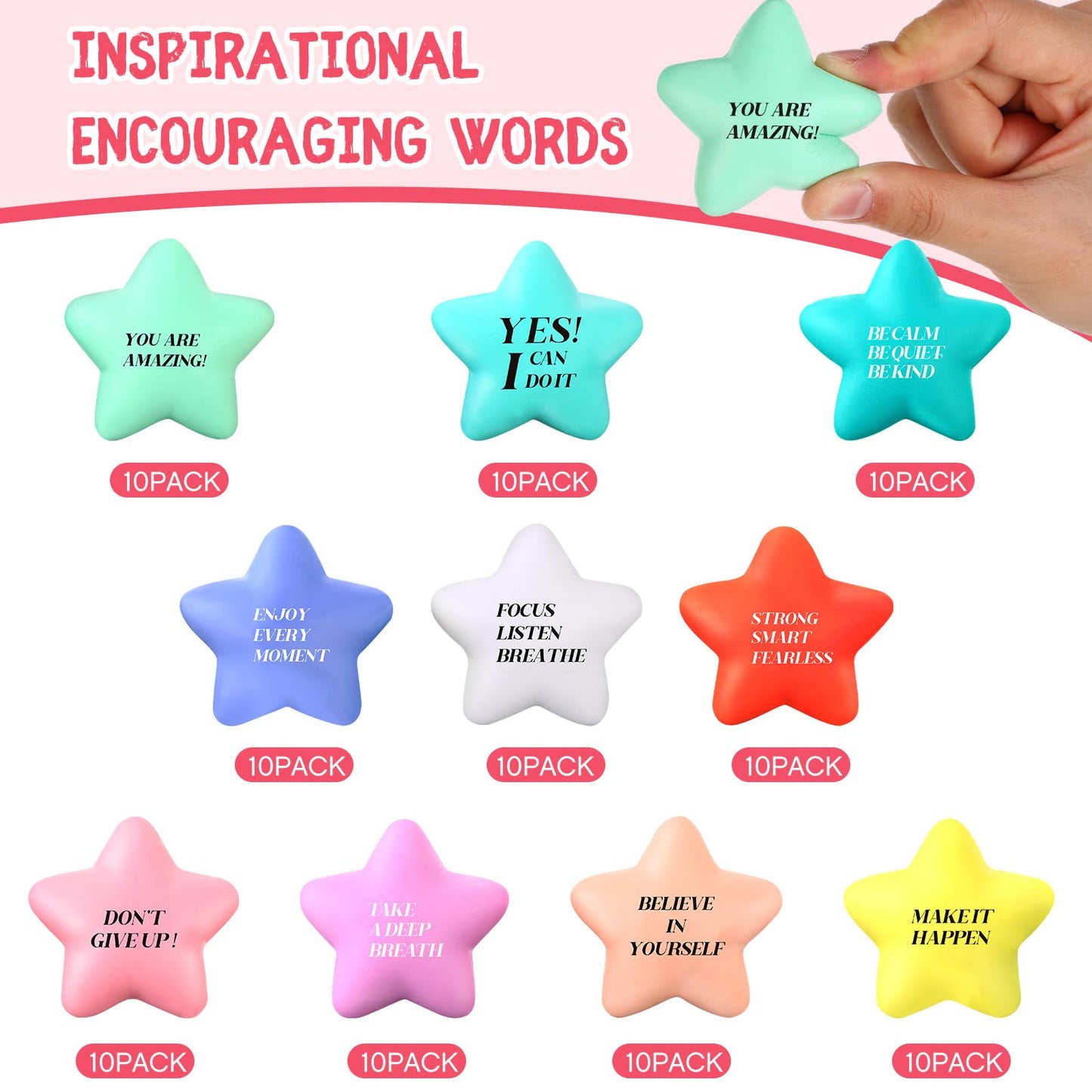 Sotiff 100 Pack Star Stress Balls Bulk for Adults Kids Stress Relief Balls with Motivational Quotes Mini Inspirational Foam Squeeze Gifts Party Favors Toys for Anger Fidget Relief(Cute Colors)