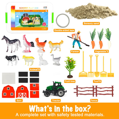 Carolart Farm Sensory Bin，Farm Animals Sand Kit with Sensory Sand，Barn Sandbox with Tractor，Sensory Play Sand Set for Kids 3 4 5 6 7