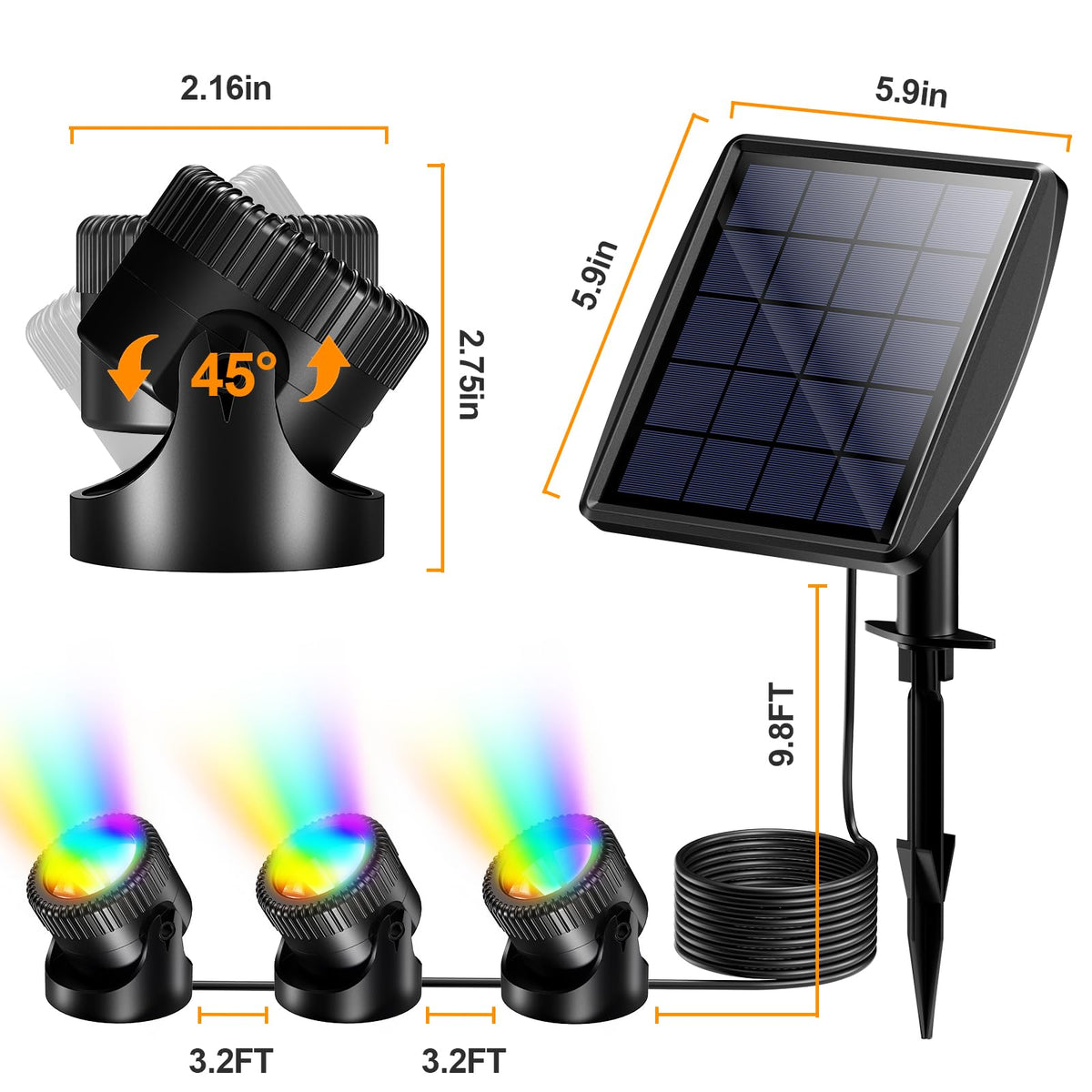POPOSOAP Solar Pond Lights, RGB LED Pond Lights Waterproof IP68, 2200mAh Battery Underwater Solar Light with Two Modes Options for Pond Fountain Pool Garden Decoration(3 Headlamp)