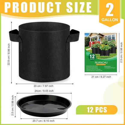 Funnymoom 12 Sets 2 Gallon Grow Bags with Plant Saucers, Durable Fabric Plant Pots with Handles, Aeration Drainage Planter Bags for Planter, Reusable Garden Bags Drip Trays Set for Indoor Outdoor
