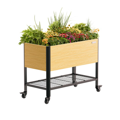 Rolling Elevated Garden Bed, 2' x 4' Metal Woodgrain Elevated Outdoor Planters Boxes with Legs & Storage Rack for Patio, 1000 lbs Weight Capacity, Raised Beds for Gardening Herb Flowers Vegetables