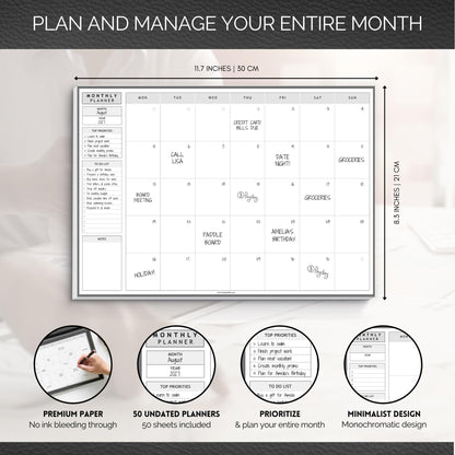 Templatables Monthly To Do List Notepad | Monthly Planner Desk Pad, Brain Dump, Organizer and Priority List | 50 Undated Tear Away Sheets | A4 (Mono)