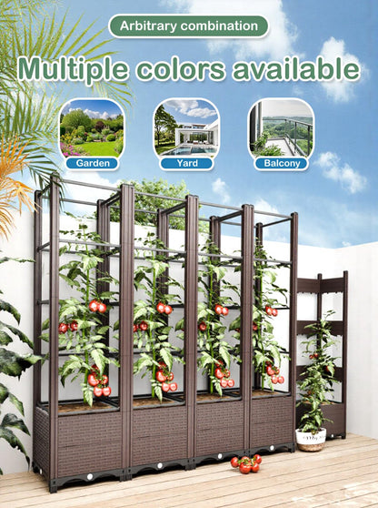 Raised Garden Bed with Trellis for Tomatoes, 10.5 Gal Planter Box Outdoor, 69.69" Tall Flower Planter with Tomato Cage, 15.7" Elevated Garden Bed for Vegetables, Climbing Plants & Flowers (Brown)