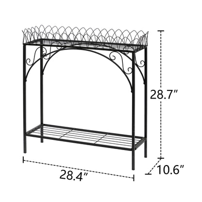 Black Long Double-Layer Plant Shelf, French Courtyard Style Metal Stand for Tall Potted Plants, Sturdy Indoor Outdoor Planter Holder Garden Decor