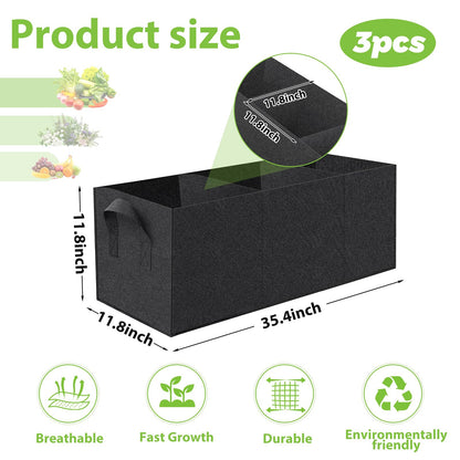 RGJ 3 Pack Fabric Raised Garden Bed, 22 Gallon 3x1x1 FT Garden Growing Bags with Handle, 3 Grids Breathable Garden Grow Bed Bag Grow Planter Bags Plant Bed for Planting Vegetables, Flowers and Herbs