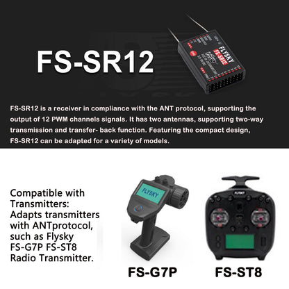 GoolRC Flysky FS-SR12 Receiver, 2.4GHz 12CH Receiver ANT Protocol Dual Antennas Compatible with Flysky FS-ST8 FS-G7P Radio Transmitter for RC Airplane Helicopter Quadcopter Drone Robot Car and Boat