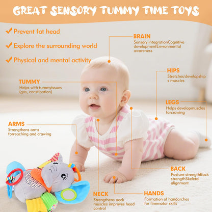 Baby Toys 0-12 Months Elephant with Detachable Touch-Sensitive Sound Box, 30 Sounds, Removable Bib, Teether, Rattle, BB Squeaker, Mirror for Strollers, Car Seats, Carriers