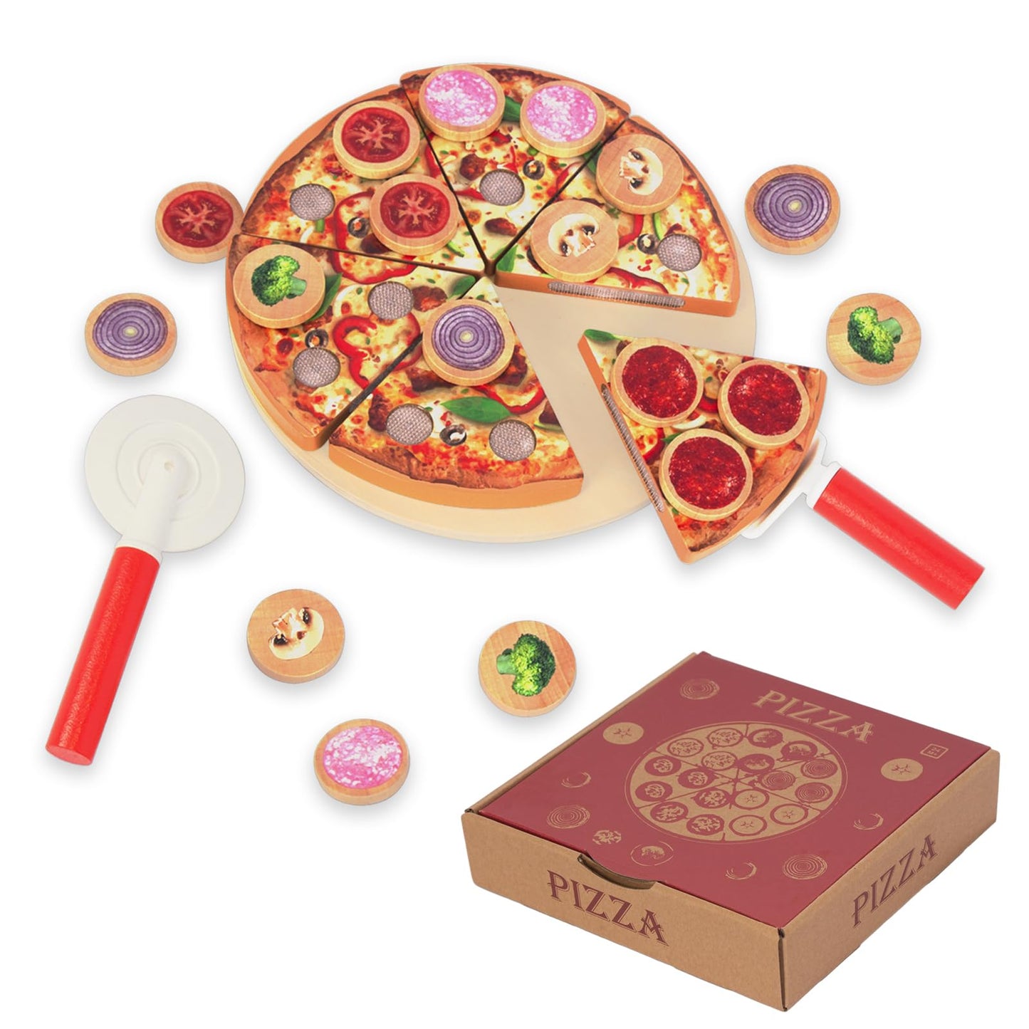 WoodenEdu Cutting Play Food Toy for Kids Kitchen,Wooden Pizza Set Pretend Play Kitchen Accessories,Learning Toy Birthday Gifts for Boys Girls Toddlers (6 pcs Set)