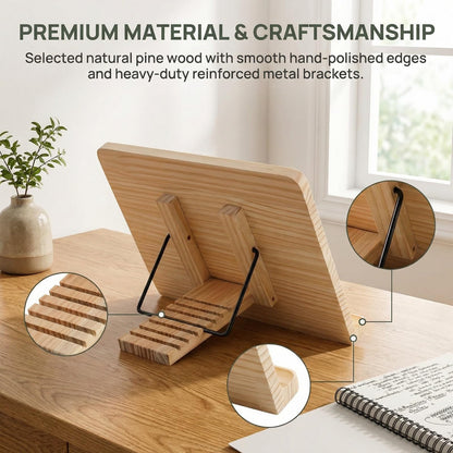 Reading Rack Wooden Bookshelf - Book Stand Foldable with 8 Adjustable Positions and Page Clips,Suitable for cookbooks、iPads、laptops、Sheet Music、and Reading Stands (15x11.4inch)