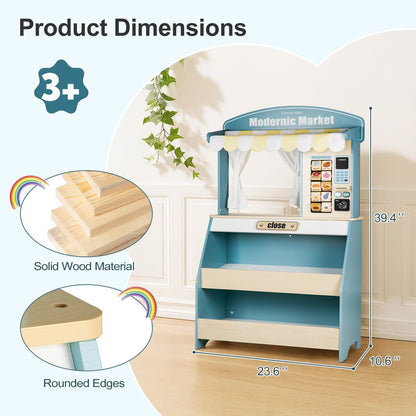 DREAM BUILDING Kids Grocery Store Pretend Play, Puppet Theater&Grocery Store Playset Toy Double-Sided, Toddler Supermarket Toy Cash Register w/Blackboard, Display Shelves, Gift for Boys Girls, Blue