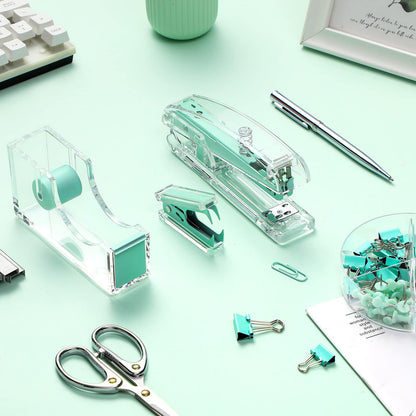 Office Supplies Set Desk Accessory Kit, Acrylic Stapler Set Staple Remover, Tape Dispenser, Binder Clips, Paper Clips, Ballpoint Pen and Scissor with 1000 Pieces 26/6 Staples (Green)