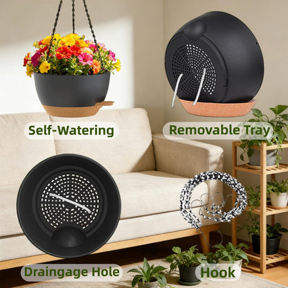 TESSTSY 3 Pack Hanging Planters for Indoor Outdoor Plants, 10 Inch Self Watering Hanging Pots for Plants, Plastic Hanging Flower Baskets for Plants Hanger with Drainage and Tray, Chain (Black Brown)