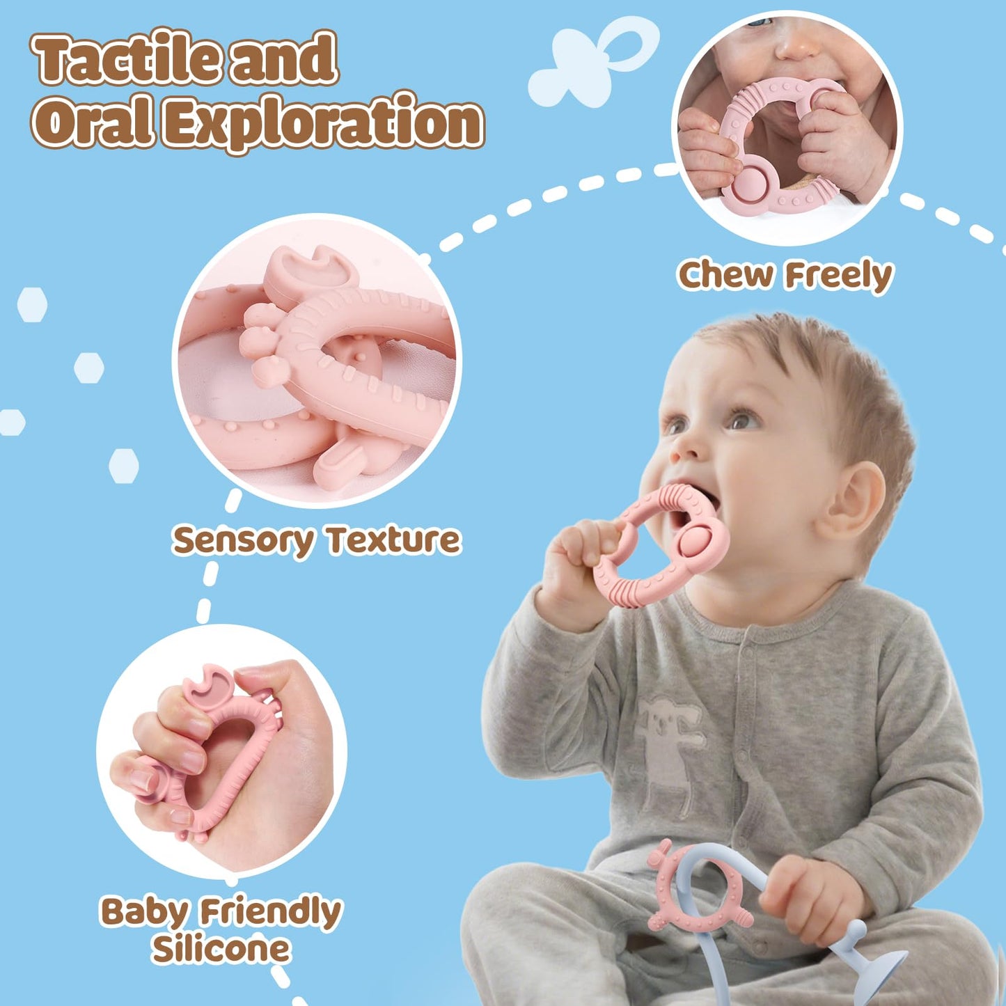 Baby Teething Relief Sensory Toys - Silicone Teether Tactile Developmental Toys for Babies, High Chair Suction Cup Toys, Montessori Activity Toy for Airplane Travel, Table, Highchair Tray