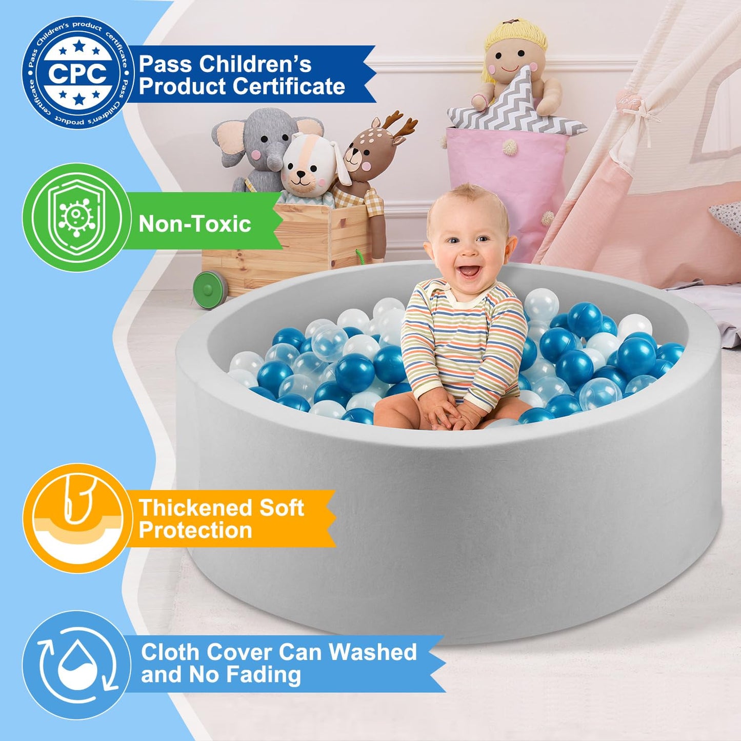Foam Ball Pit for Kids Toddlers, Round Soft Ball Pit, Kids Memory Ball Pits, Ideal Gift Toys for Children - (Balls NOT Included) - 36” x 12 - Grey