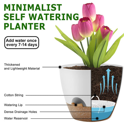Plant Pots 12/10/9 Inch Self Watering Pots, Set of 3 Plastic Planters with Drainage Holes and Saucers,Plastic Flower Pots,Nursery Planting Pot for Indoor Out Door Plants(White)
