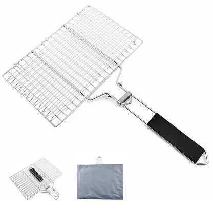 Fish Basket for Grilling- BBQ Basket Stainless Steel Barbecue Basket with Foldable Handle, Portable Outdoor/Camping Grilling Accessories, Grill Vegetable Basket for All Grills（13.2 X 8.6 Inches）