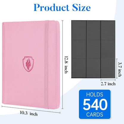 Premium 9 Pocket Card Binder for 540 Cards, Fabmaker PU Cover Trading Card Binder, Sturdy Card Collection Album, Sleek Card Holder Folders for Game Cards & Sports Cards, Pink