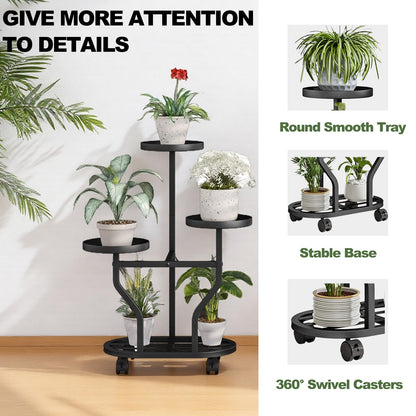 YIZAIJIA Plant Stand with Wheels 3 Tier Metal Plant Holder Corner Flower Shelf for Multiple Plants Display Rack for Bedroom Living Room Balcony Garden Black (Black, 3 Tier)