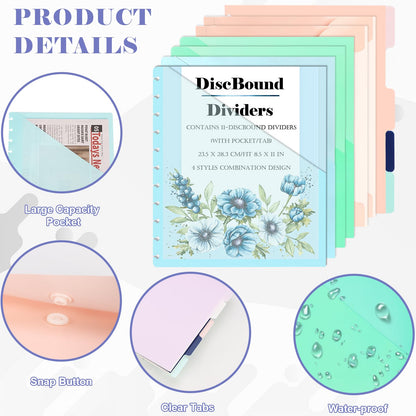 (4 Styles 11Pcs) Letter Size Discbound Pocket Dividers Planner Pocket Inserts 11 Disc Pocket Inserts Disc Planner Cover Discbound Notebook Accessories Discbound Pocket Folders 8.5 x 11inch for Office