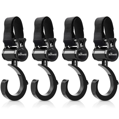 SUNVENO Stroller Hooks for Diaper Bag 4 Pack, Baby Travel Essential Heavy Duty 360° Rotating Clips, Universal Stroller Accessories for Wagons, Strollers, Carts and Bikes, Holds 10 lbs Each