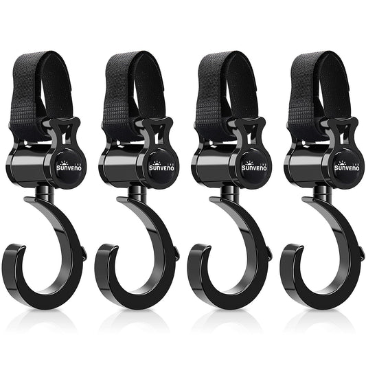 SUNVENO Stroller Hooks for Diaper Bag 4 Pack, Baby Travel Essential Heavy Duty 360° Rotating Clips, Universal Stroller Accessories for Wagons, Strollers, Carts and Bikes, Holds 10 lbs Each