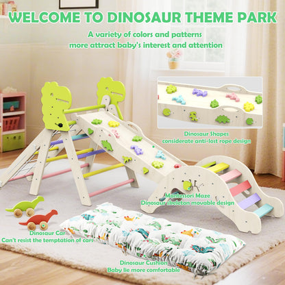 Jasite Pikler Triangle Set with Cushion, 12 in 1 Toddler Montessori Toys Indoor Baby Climbing Gym Pikler Triangle Climbing Set Wooden Toy Climbing Rope Ladder, Shape Sorter, Push Car 【Dinosaur Toys】