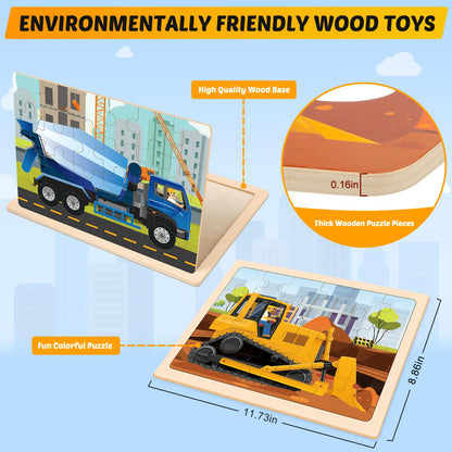 Wooden Puzzles for Kids Ages 4-6, 4 Packs 24 PCS Construction Vehicle Jigsaw Puzzles for Kids Ages 3-5, Preschool Educational Puzzles Boards Toys Gifts for Boys Girls