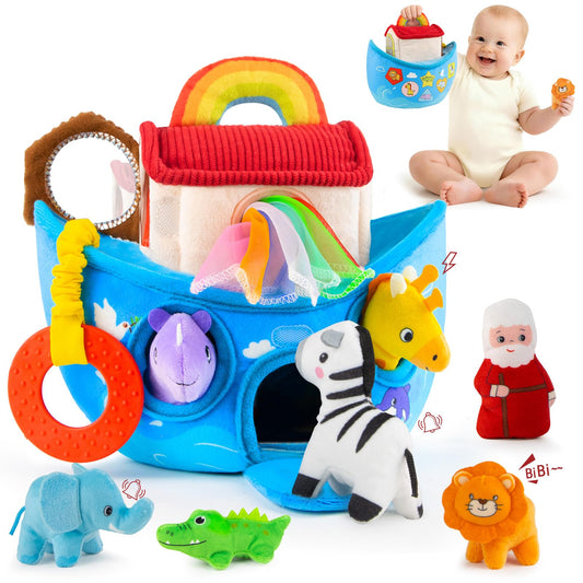 Baby Toys 6-12 Months - Noah's Ark Toy with Stuffed Animals, Baptism Gifts for Boys Girls, Montessori Toys for 6 Month Old Babies Sensory Tissue Box Toy for 1 Year Old