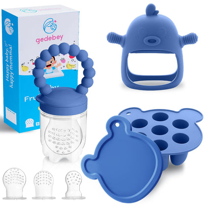 Gedebey 3-in-1 Baby Food & Fruit Feeder Set – Breastmilk Popsicle Mold with Freezer Tray, Teething Relief Toy, BPA Free Infant Silicone Feeding Combo, 3 Bonus Sizes (S/M/L) Sacs (Steel Blue)