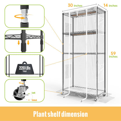 SpeePlant Indoor Greenhouse with Grow Light and Shelves - 4 Tier Plant Stand with Grow Light, Zippered PVC Cover and 3 Dimmable 1.8FT 60W Grow Lights with Timer, 30" L X 14" W X 59" H, Black