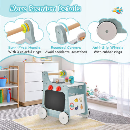 BABY JOY 6 in 1 Wooden Baby Walker, Toddler Pretend Play Kitchen Playset, Push and Pull Sit-to-Stand Learning Walker Activity Center, Montessori Educational Toy, Push Walker for Boys Girls