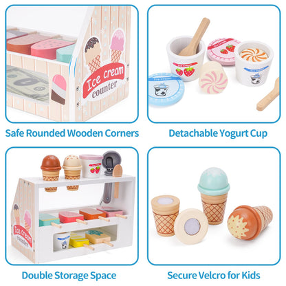Wooden Ice Cream Counter Playset for Kids, Toddler Girl Toys Kitchen Playset Pretend Play Gifts for 3 4 5 6 Year Old Girl or Boy, Play Food Scoop and Serve, Play Kitchen Sets for Kids Ages 4-8