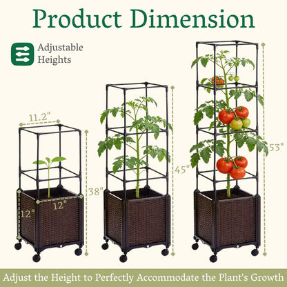 Raised Garden Bed Planter Box with Trellis | Self-Watering Tomato Planter with Wheels for Climbing Plants & Vegetable | Vertical Gardening Tomato Pot with Tomato Cage Indoor Outdoor Patio Greenhouse