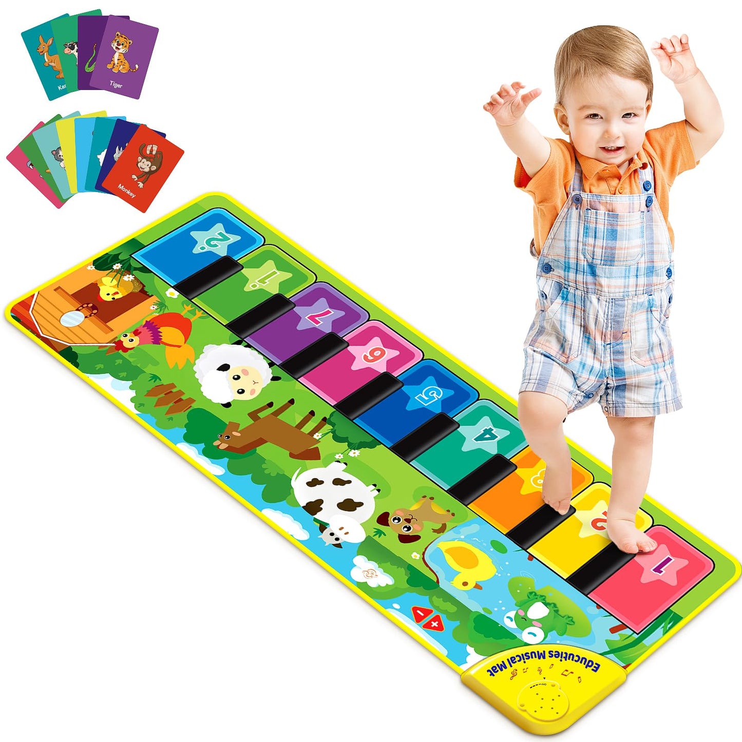 EduCuties Baby Musical Learning Toys , Floor Piano Playmat for Toddlers with Animal Flash Cards Music Sound for Early Education Touch Keyboard Blanket Birthday for Baby Boys Girls