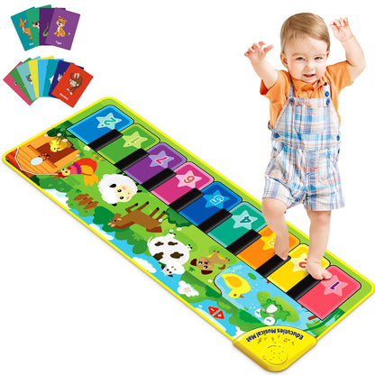 EduCuties Baby Musical Learning Toys , Floor Piano Playmat for Toddlers with Animal Flash Cards Music Sound for Early Education Touch Keyboard Blanket Birthday for Baby Boys Girls