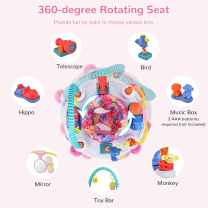 INFANS Baby Bouncer Activity Center, 5 in 1 Toddler Bouncing Activity Saucer Playtime Mat Activity Table with 360°Rotating Seat, 3 Adjustable Height, Foldable Exersaucer Learning Walker (Pink)