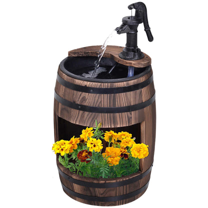 Outsunny 23" H Outdoor Water Fountain Wood and Plastic Rustic Apple Barrel Pump Garden Decor for Outside Backyard