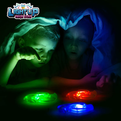 PICK A TOY Light Up Frisbee Ninja Flyers, 3 LED Electronic Stars, Heavy Duty Rubber Throwing Discs, Ninja Party Favors & Kids Toys, 3 Colors, Includes Gift Box