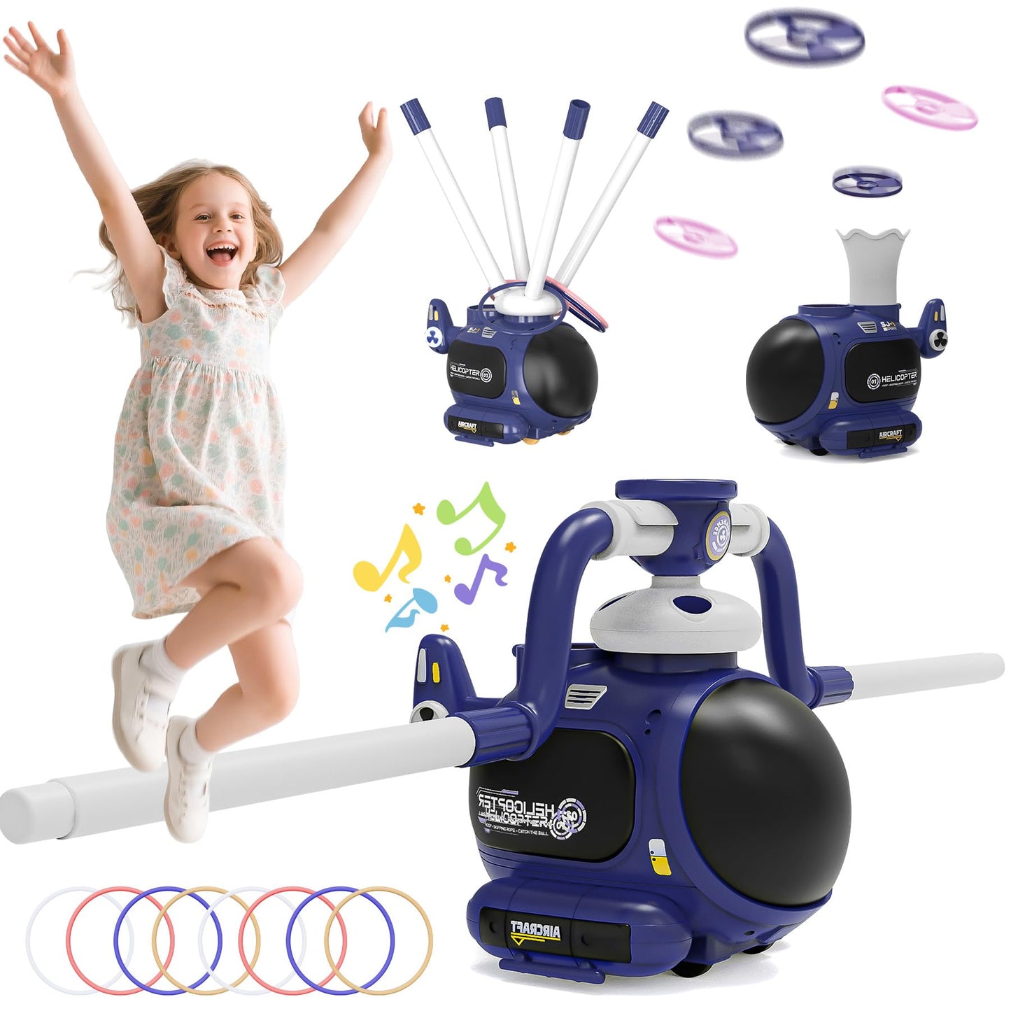WhimsQuest Missfly 4-in-1 Kids Outdoor Game Toy, Auto Disc Launcher, Jump Dodge & Ring Toss, Interactive Sports Play for Boys & Girls (Blue)