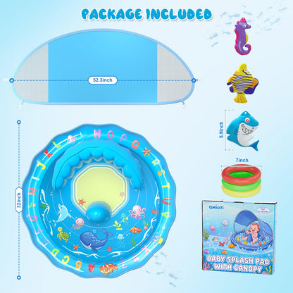 Qmioti Baby Splash Pad with Canopy, Inflatable Baby Pool with Sprinkler, Stackable Rings & Hanging Toys, Water Sprinkler for Kids, Summer Outdoor Water Play Toys for Baby Toddlers
