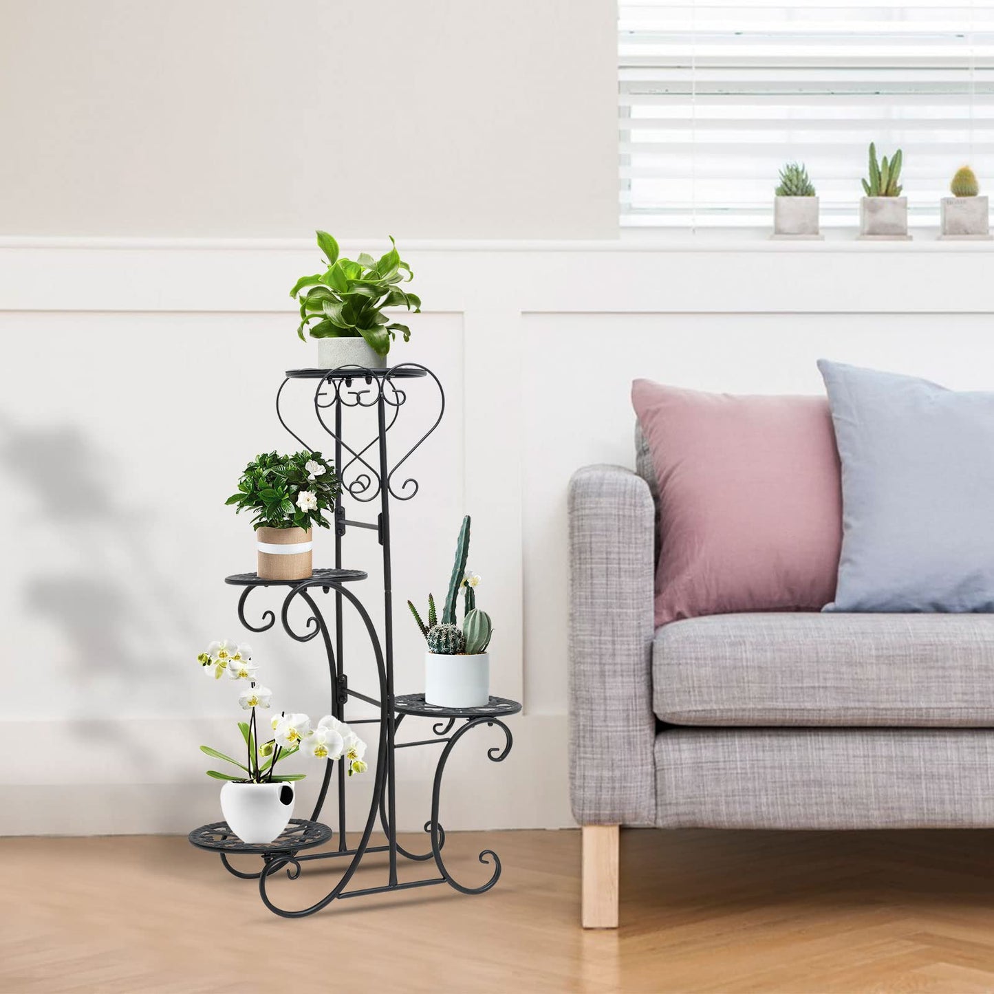 WUSILILU Plant Stand Indoor Tall, 4 Tier Metal Flower Pot Display Shelf Black Multilayer Flower Holder Rack Corner Organizer for Patio Orchid Office Porch Living Room Garden Balcony