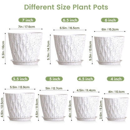 Meowell 7/6.5/6/5.5/5/4.5/4 inch Plant Pots for Indoor Outdoor Plants, 7 Pack Thick Flower Pots with Drainage Holes and Saucers, Modern Wave Texture Plastic Planters Nursery Pots, Speckled White