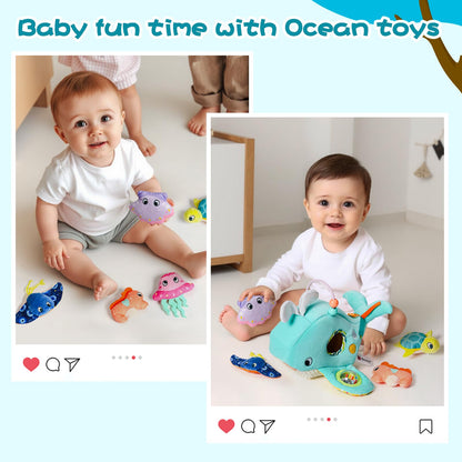 Koty Baby Toys 6-12 Months, Montessori Sensory Toys,My First Ocean Whale House Toy with 6 Sea Animals | Bell Shell, Squeaky Seahorse & Crinkle Paper | Baby Gift