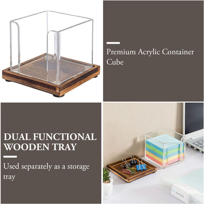 MyGift Acrylic Sticky Note Holder Dispenser with Removable Rustic Burnt Solid Wood Tray, 3-Inch Square Office Desktop Self-Stick Memo Pad Storage Cube