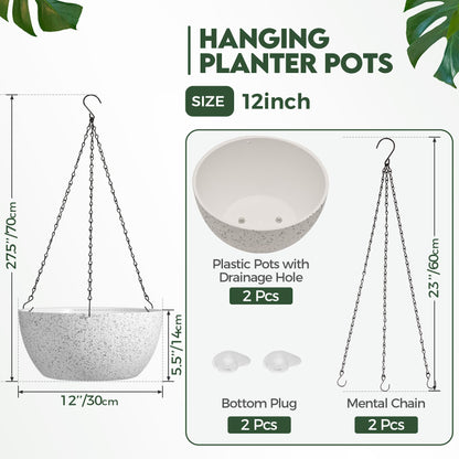 T4U Plastic Hanging Baskets 2-Pack - 12 Inch Large Hanging Flower Planter with Drainage Hole for Indoor Outdoor Plants, Round Plant Pot for Home Garden Porch Balcony Patio Decor (White)